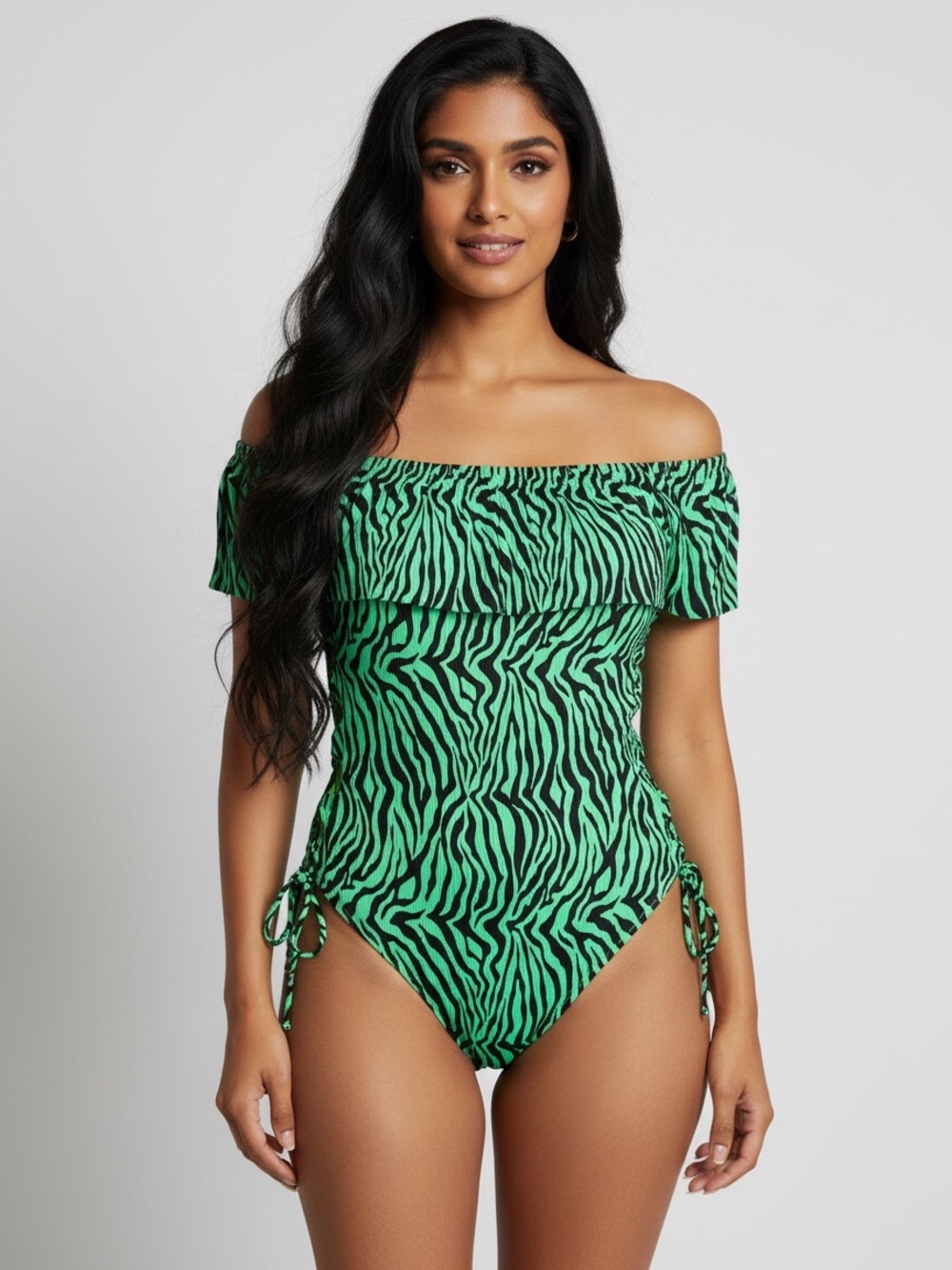 On/Off-Shoulder Green Zebra Print One-Piece Swimsuit Size 1X